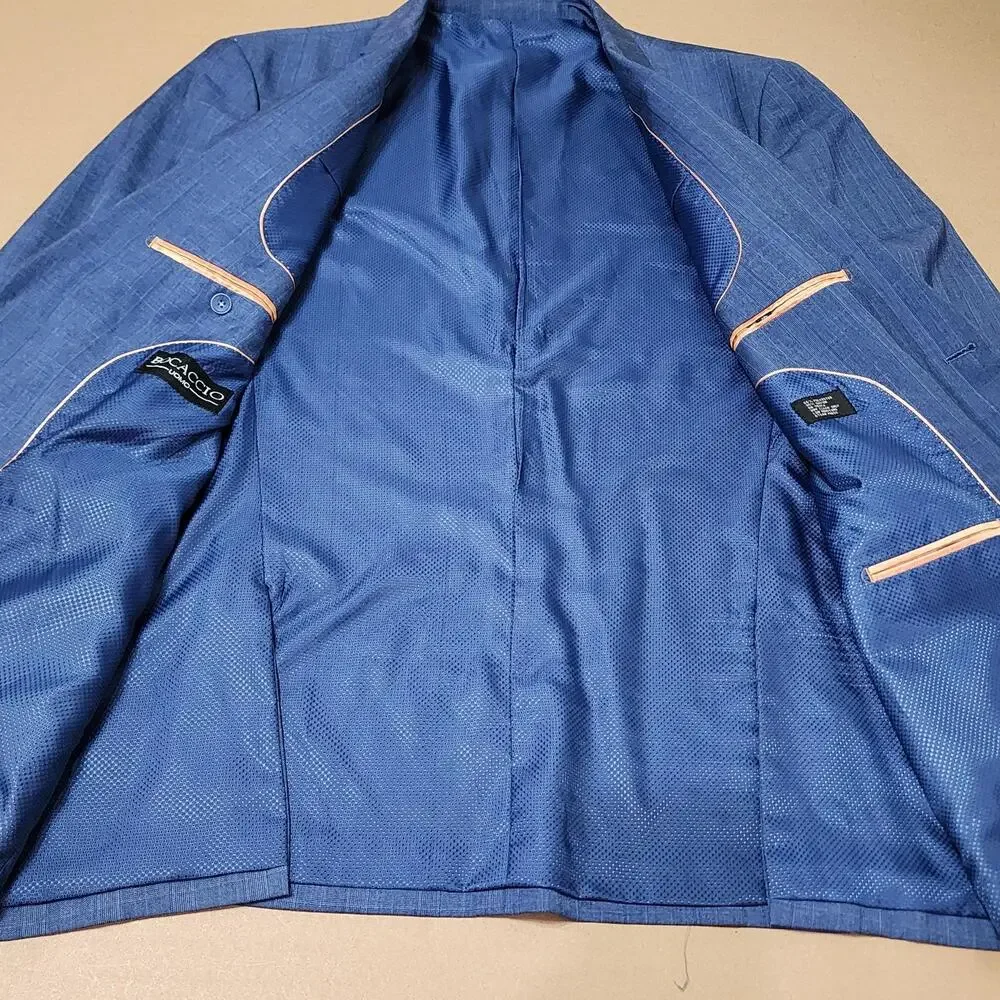 Bocaccio Uomo Suit Jacket Mens 48L Blue Stripe Poly Rayon Two Button Blazer